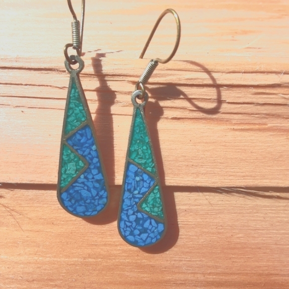 Aztec Mexican handcrafted silver turquoise malachite teardrop mosaic earrings NW - Picture 2 of 3